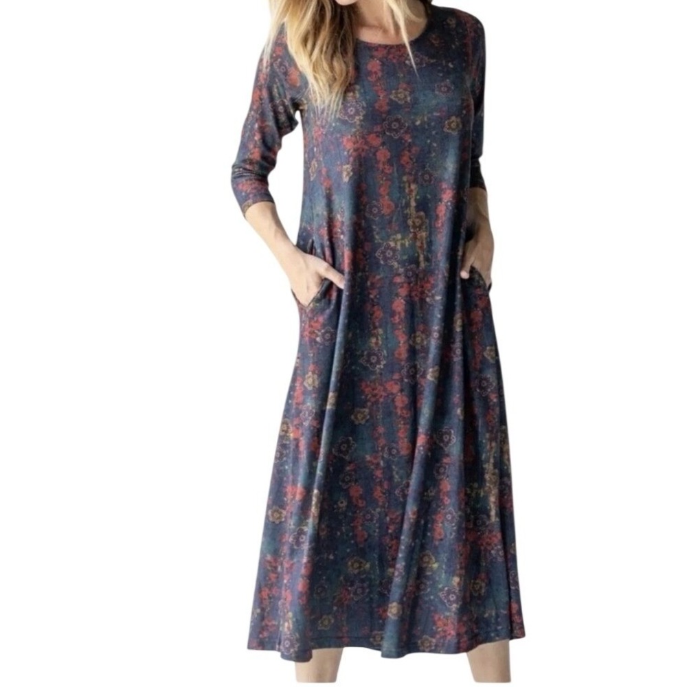 Natural Life Womens Lottie Floral Maxi Dress Long Sleeve Pockets Gray Red Blue M